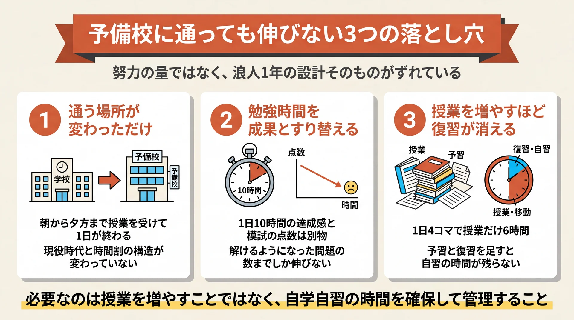 予備校に通っても成績が伸びない3つの落とし穴を整理した図解