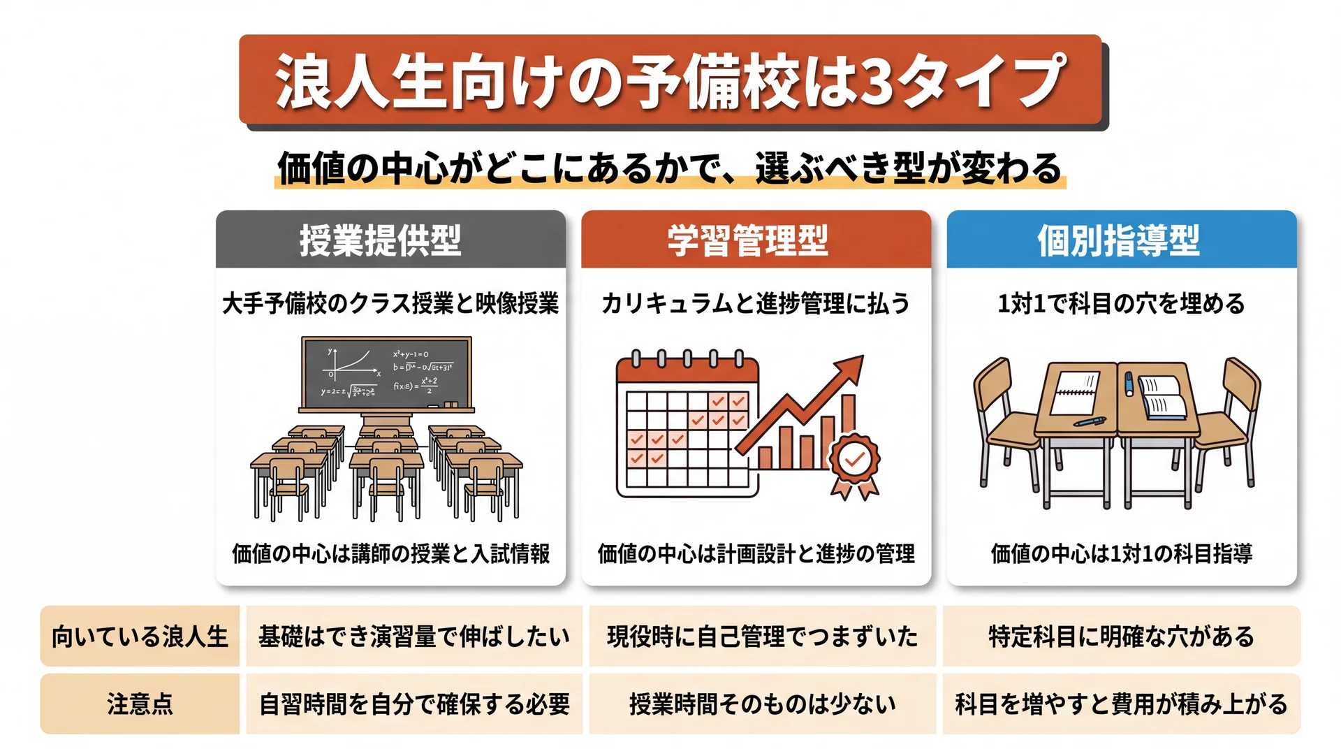 予備校を授業提供型・学習管理型・個別指導型の3つに分類した図解
